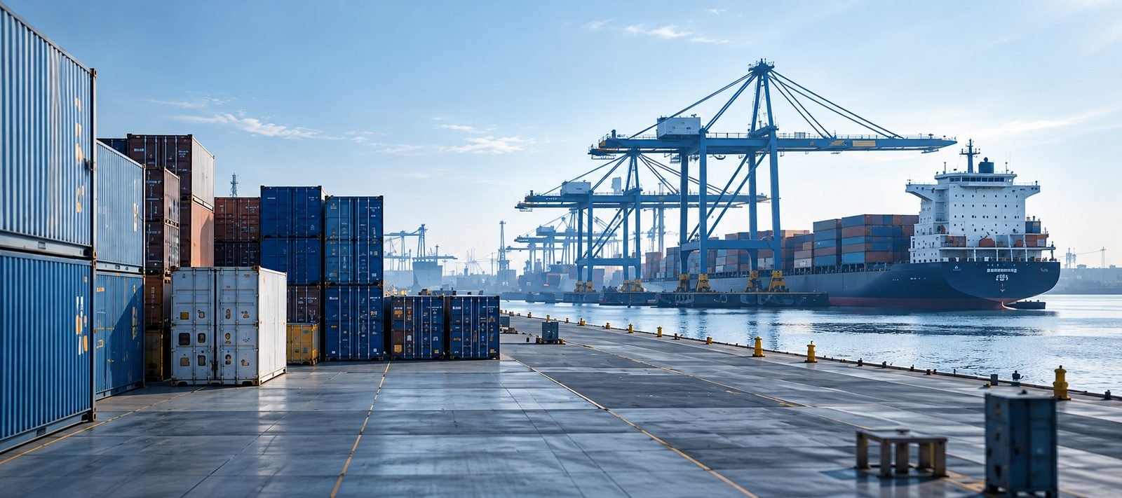 Imagen ilustrativa: terminal portuaria con contenedores, grúas y buque.