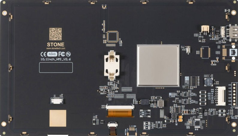 Parte trasera del STWI101WT-01, con el conector serie, el puerto USB, la pila del reloj, el zumbador y el procesador bajo blindaje