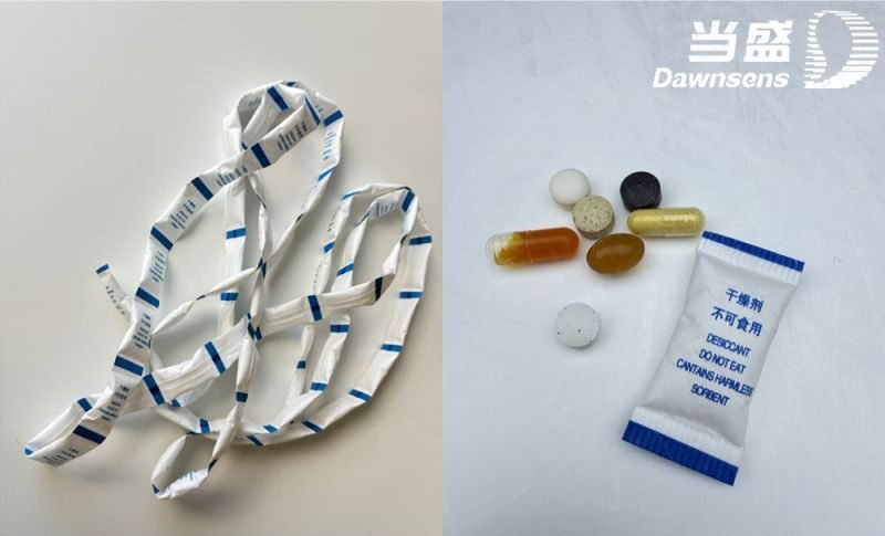 Tira desecante continua y sobre Dawnsens junto a cápsulas farmacéuticas